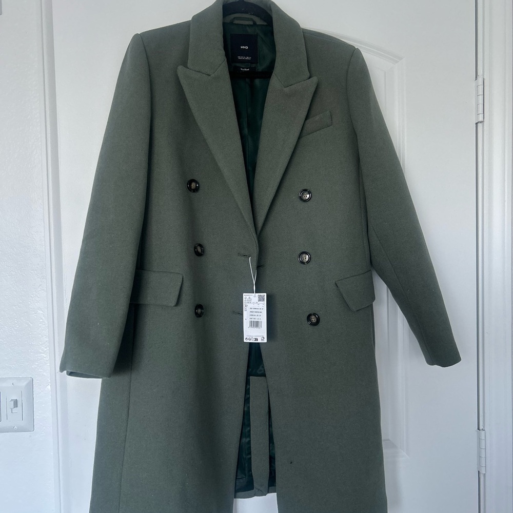 Mango Khaki Wool Blend Double-Breasted Trench Coat